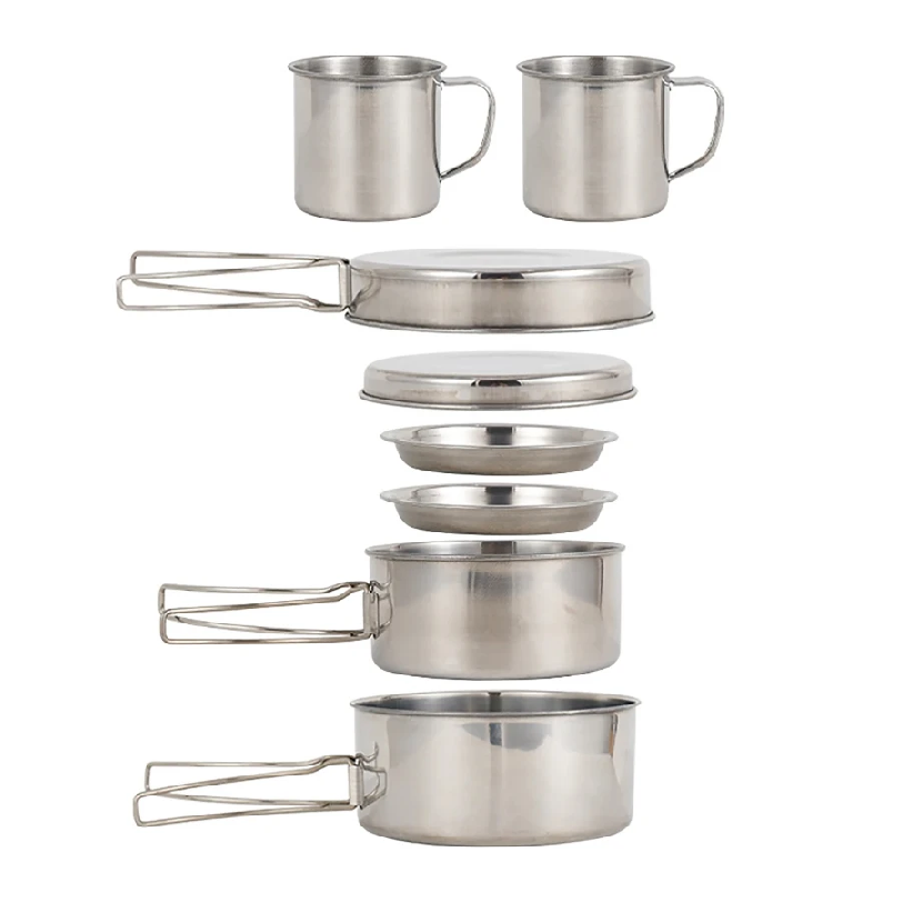Camping Cooking Hob - 8個/セット キャンプ調理器具セット ステンレス製調理鍋とフライパンセット プレートとカップ付き アウトドアハイキングバックパッキング用