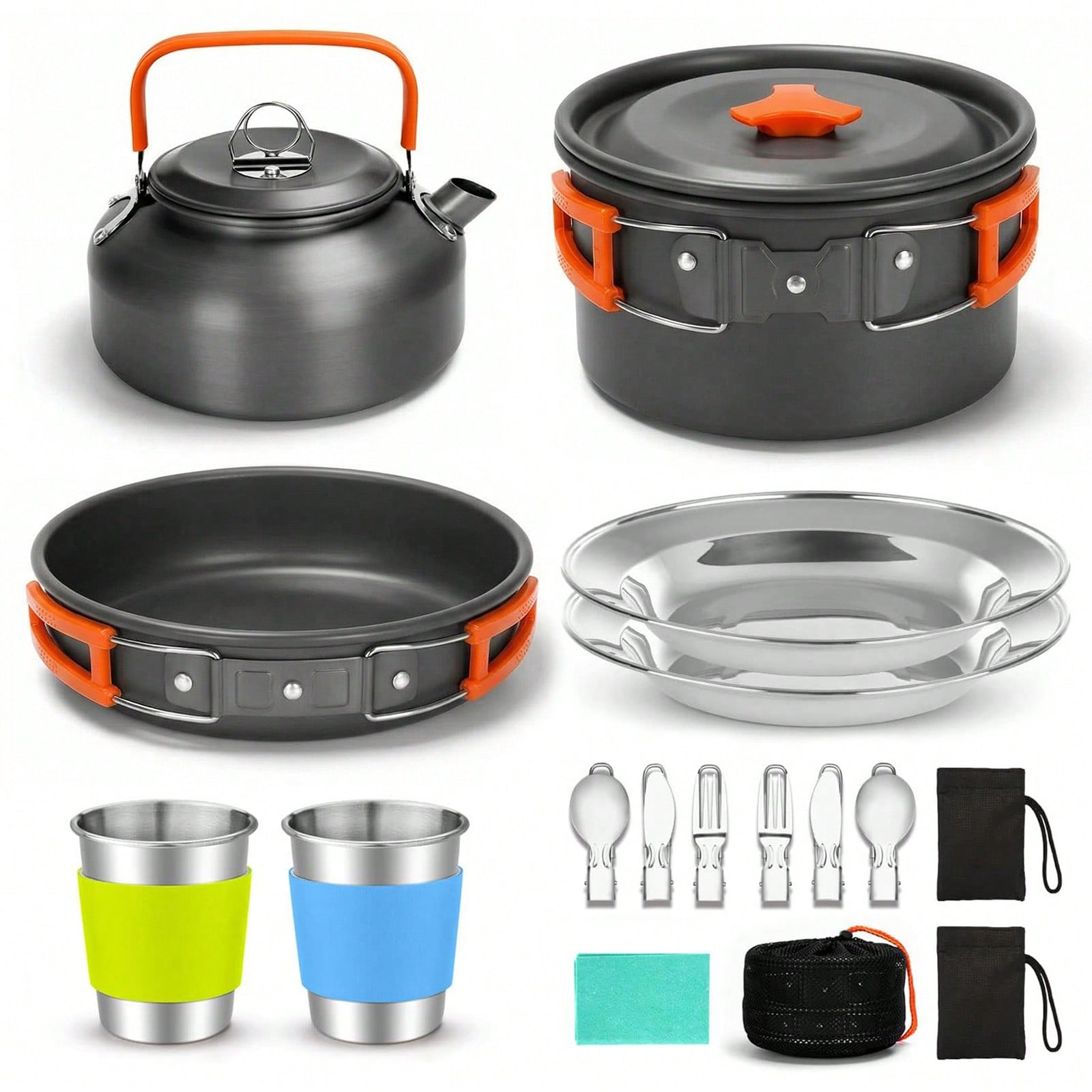 Camping Cooking Set 2 Person - 14点セットのキャンプ用調理器具セット、ノンスティック加工のアウトドア調理キット（フライパン、蓋付き鍋、ケトル、ステンレス製プレート2枚、折りたたみカップ2個、ナイフ・フォーク・スプーン2個）、キャンプ、ハイキング、バックパッキング、ピクニックに最適
