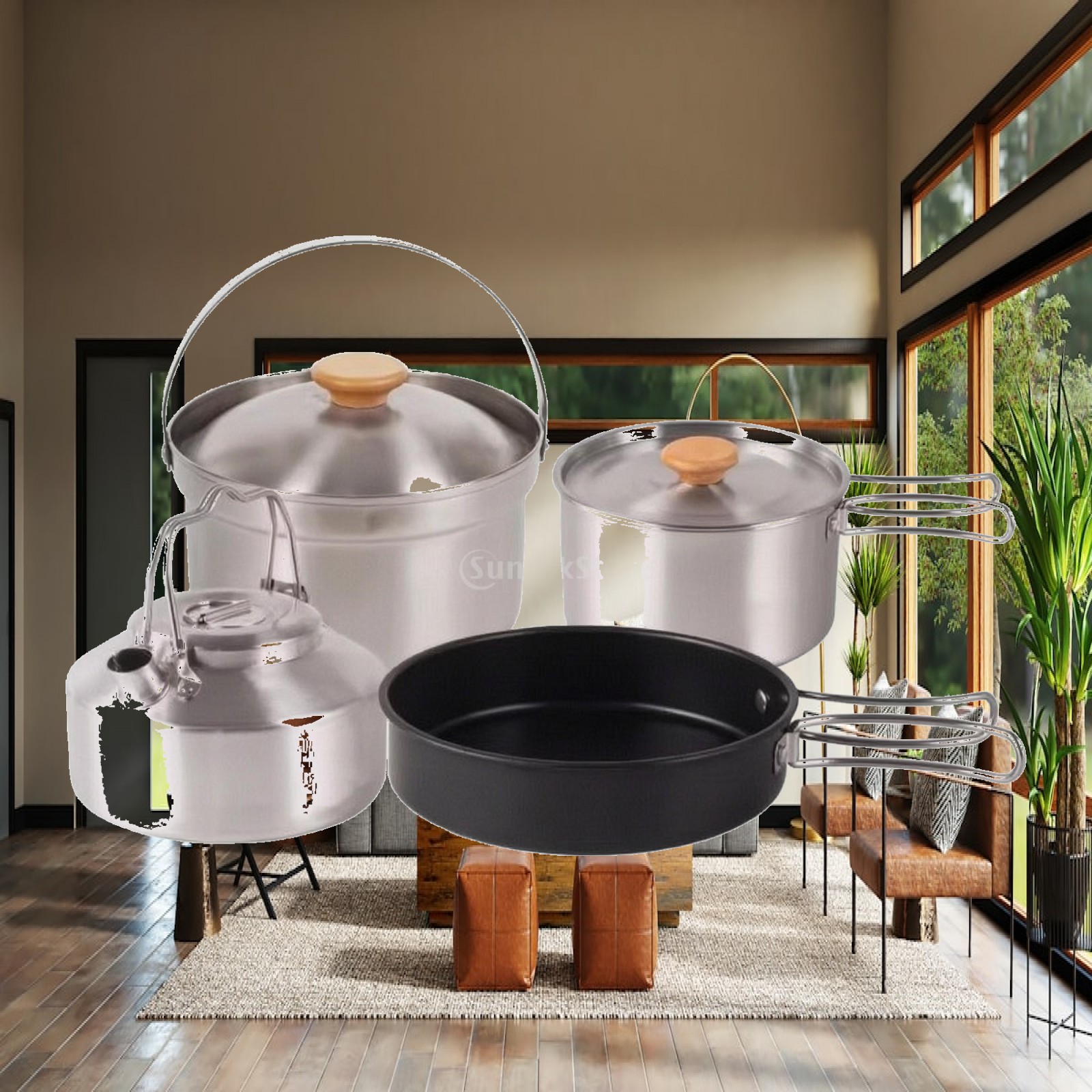 Camping Cooking Kettle - 4ピースステンレス製キャンプ調理セット、ネスティング式キャンプ調理器具セット（ケトル、食器セット付き）、キャンピングカー向けポータブル折りたたみ式