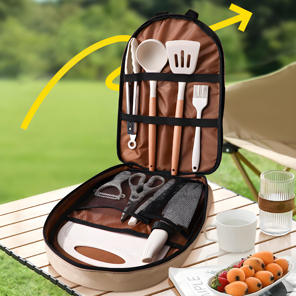 Camping Cooking Trangia - 10点セット ポータブルキャンプ用調理器具セット、シリコン製スパチュラ、お玉、まな板、ナイフ、ハサミ、フードトング、ピーラー
