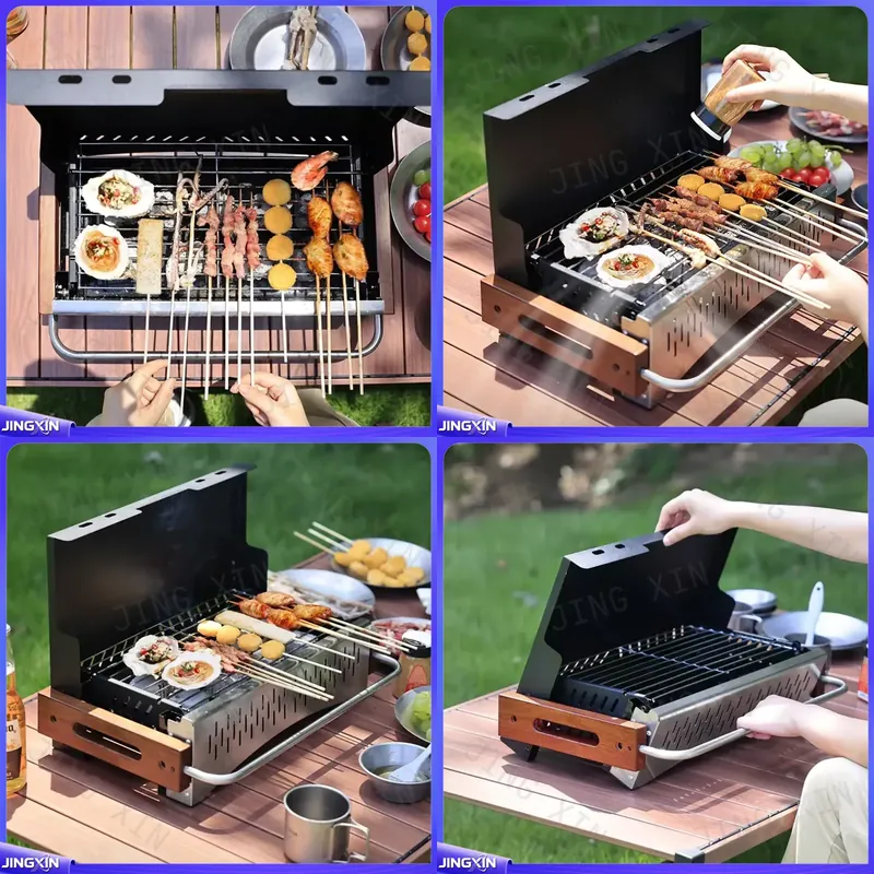 Camping Cooking Requirements - 軽量折りたたみ式炭火グリル、金属製BBQ、組み立て不要、キャンプ、アウトドア、ピクニック用テーブルトップ調理ストーブ