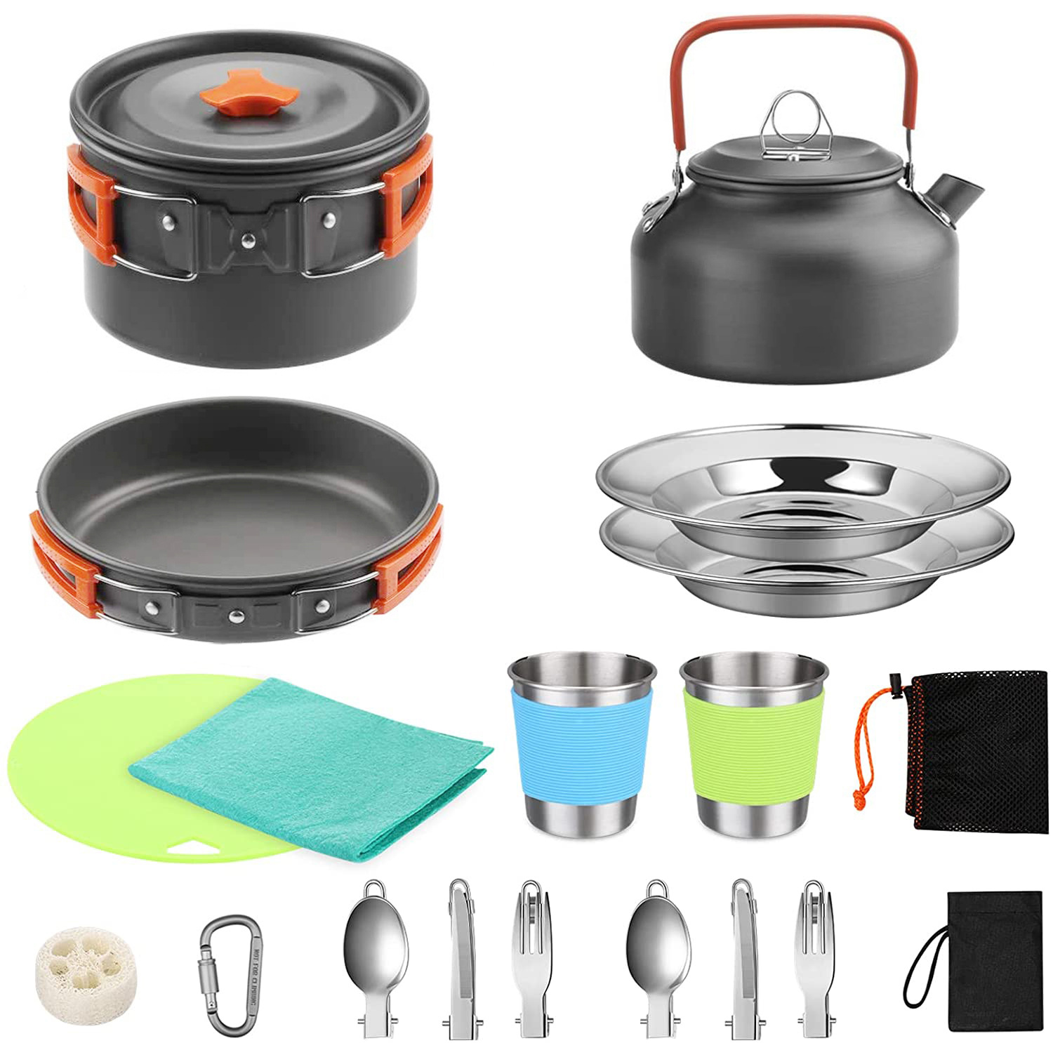 Camping Cooking Easy - 2～3人用キャンプクッキングセット アルミ製鍋 フライパン ステンレス製蓋 ガスコンロ対応 簡単洗浄