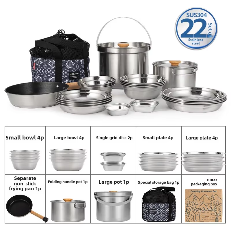Camping Cooking Kettle - NOBANA 最新の屋外ステンレス鋼ポットセットキャンプファミリーポットセット 5L ポータブルピクニックスープポット揚げ蒸し家庭用ポット