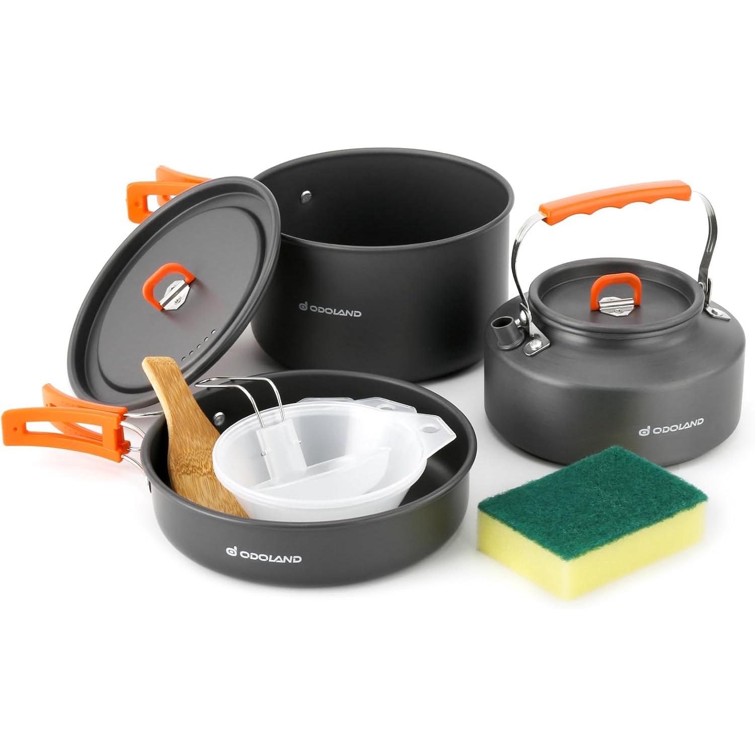 Camping Cooking Trangia - オドランド キャンプ用調理器具10点セット キャンプ用鍋とフライパンセット ケトル、プラスチック製ボウル、スープスプーン付き キャンプ、バックパッキング、アウトドア料理、ピクニック用