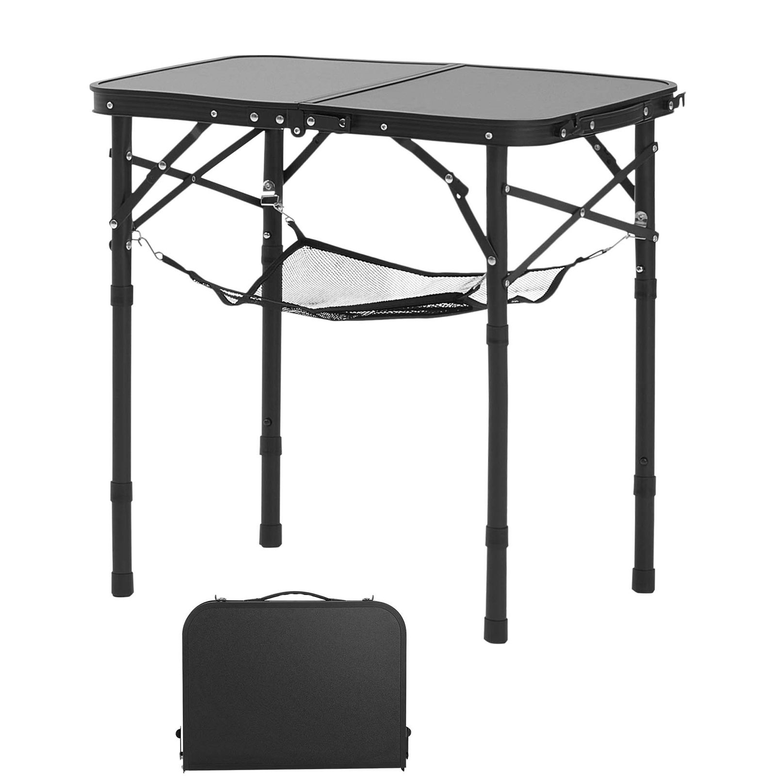 Camping Cooking Table - 折りたたみ式キャンプテーブル、高さ調節可能なポータブルサイドテーブル、メッシュ層付きアルミMDFビーチテーブル、持ち運び用ハンドル付き、軽量コンパクトでアウトドアピクニックやBBQ調理に最適、24x16インチ、ブラック