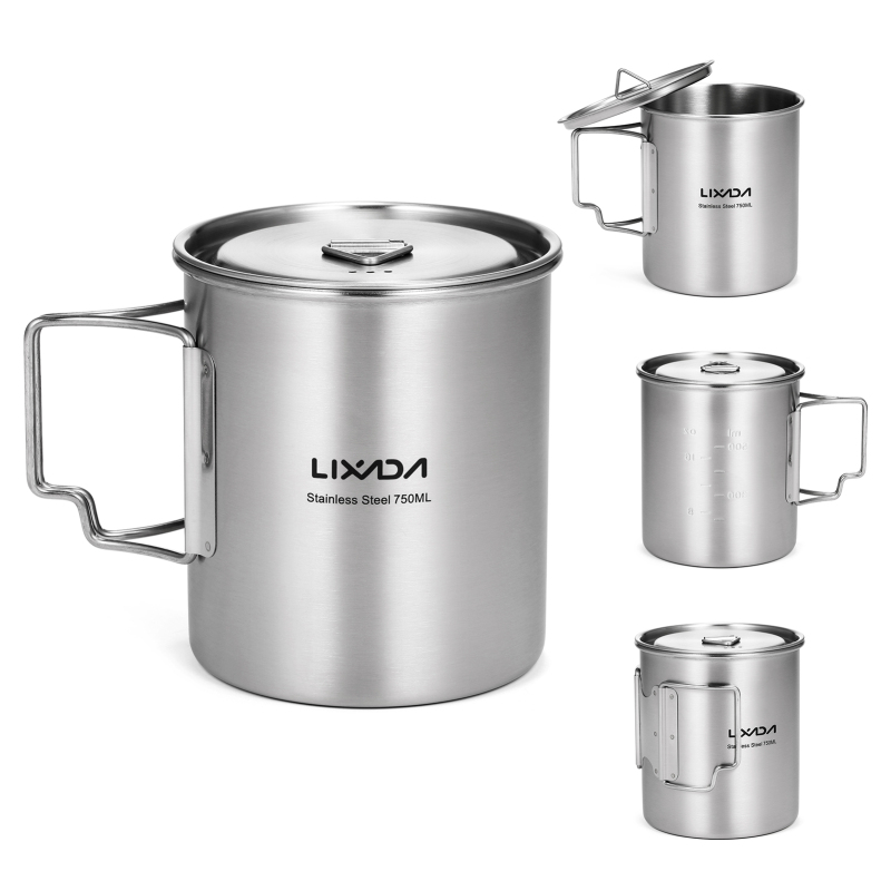 Camping Cooking Mesh - Lixada-折りたたみ式ハンドルと蓋付きステンレススチールマグ、屋外ウォーターカップ、キャンプハイキングバックパッキング、750ml