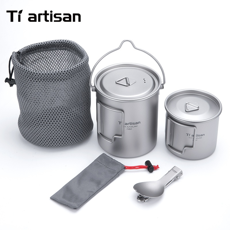 Camping Cooking Trangia - Tiartisan 純チタン超軽量調理器具セット 3 個/5 個吊り下げポットマグ折りたたみ式スプーンスポークセット付きアウトドアキャンプギア