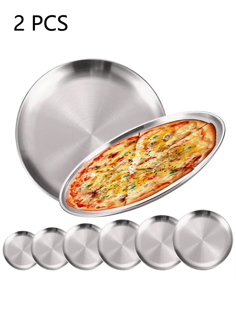 Camping Cooking Meals - 2 個ステンレス鋼ラウンドシルバー浅いトレイプレート防錆 14/17/20/23/26/30 センチメートルキャンププレートバーベキューピクニック食器調理器具