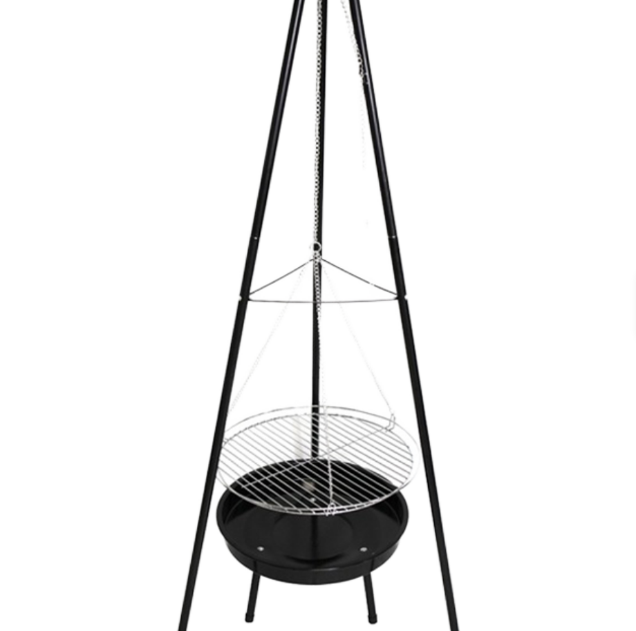 頑丈な三脚式吊り下げBBQグリル、ノンスティックコーティング - Camping Cooking Tripod のレビューと価格