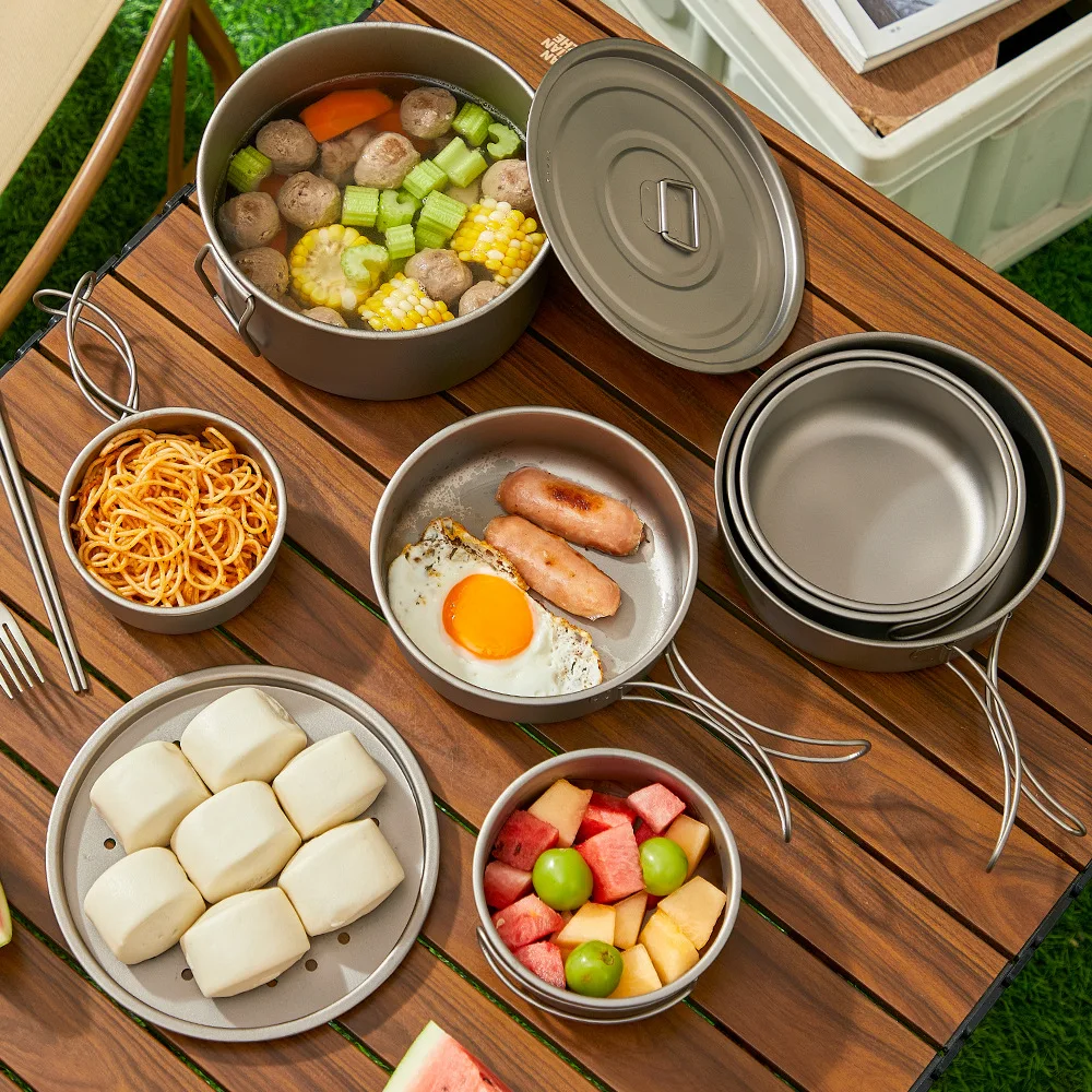 チタンアウトドアポットセットピクニックキャンプセット食器折り - Camping Cooking Mesh のレビューと価格